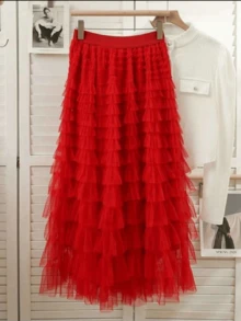 Temperament Knitted Skirt Layered Cake Skirt - Red - View 3