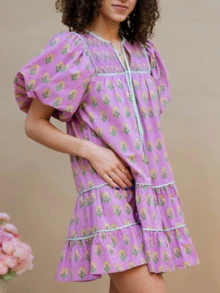 Women Boho Ruffle Sleeve Mini Dress Summer  Floral Print Short Sleeve V Neck Cute Babydoll Loose Flowy Dress - 淡紫色 - 查看 2