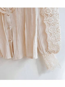 Women's Lace Blouse, Long Sleeve Shirt With Lace Buttons - Beige - View 5