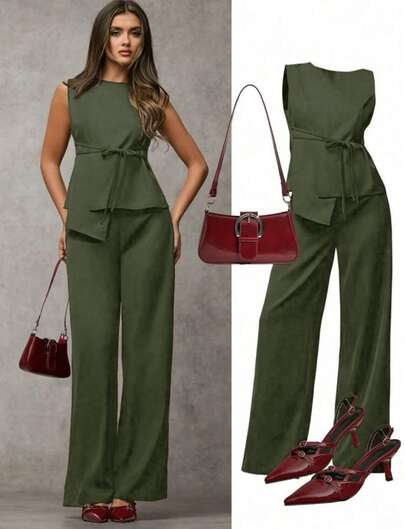 SJD MODA LADY conjunto alfaiataria feminino solido e listrado,terno uniform social,2peças,blusa sem manga fenda frontal com cinto,calca terno lateral,tecido luis twil viscose confortável e sofisticada,roupa com caimento perfeito,visual refinado,look elegante urbano luxo e chique,roupas moderno com estilo minimalista,moda office OL casual prático versátil e estiloso,ideal para eventos trabalho escritorio festa e natal,uso diário,terno com personalidade chic frenchy ,tendencia 2026