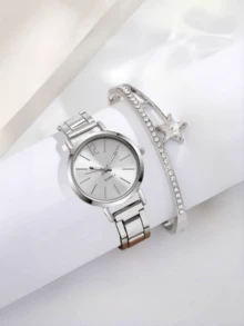 2pcs/Set, 1pc Women's Bracelet Made Of Alloy Stars And 1pc Quartz Watch, Suitable As A Beautiful Gift For Valentine's Day, Christmas, Graduation, And Couples.