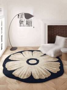 1pc Premium Round Cream Floral Rug, Asymmetrical Shape Carpet For Living Room, Bedroom, Sofa, Coffee Table, Vanity, Soft & Comfortable, Lightweight & Easy To Clean, Home Decor