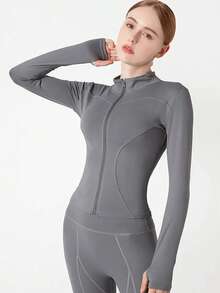 Solid Color Fitted Long Sleeve Yoga Jacket With Thumbhole Cuffs For Yoga, Workout, Running - 灰色 - 查看 4
