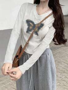 女式韩版蝴蝶刺绣V领修身长袖短款上衣，秋冬 - 白色 - 查看 2