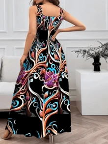 Plus Size - Women'S Plus Size Spring/Summer Floral Print Suspender Dress - Elegant And Comfortable Sleeveless Mid-Long Dress - màu đen - Xem 4