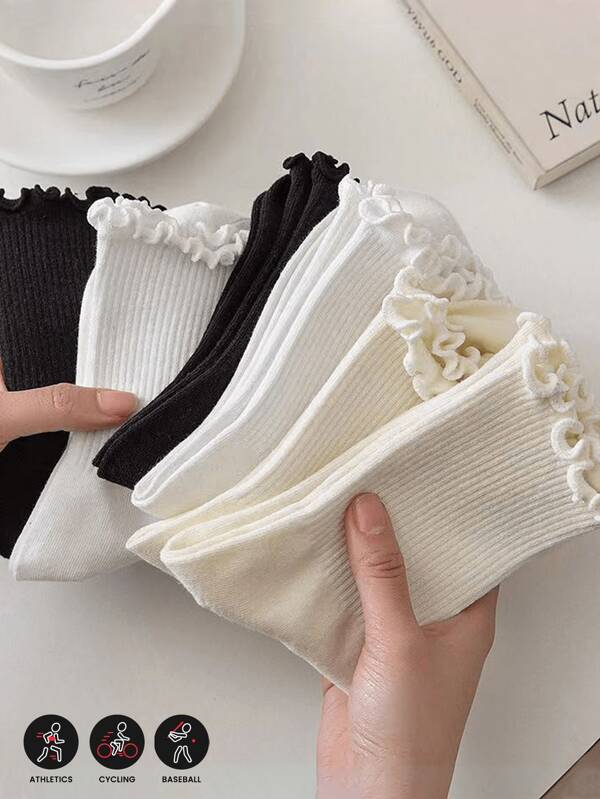 3 Pairs Women's Mid Length Socks, Autumn And Winter,Ear Fungus Edge Women's Socks, Versatile, Solid Color Pile Socks, Outdoor Casual Sports Socks