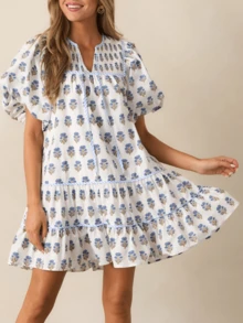 Women Boho Ruffle Sleeve Mini Dress Summer  Floral Print Short Sleeve V Neck Cute Babydoll Loose Flowy Dress - Baby Blue - View 5