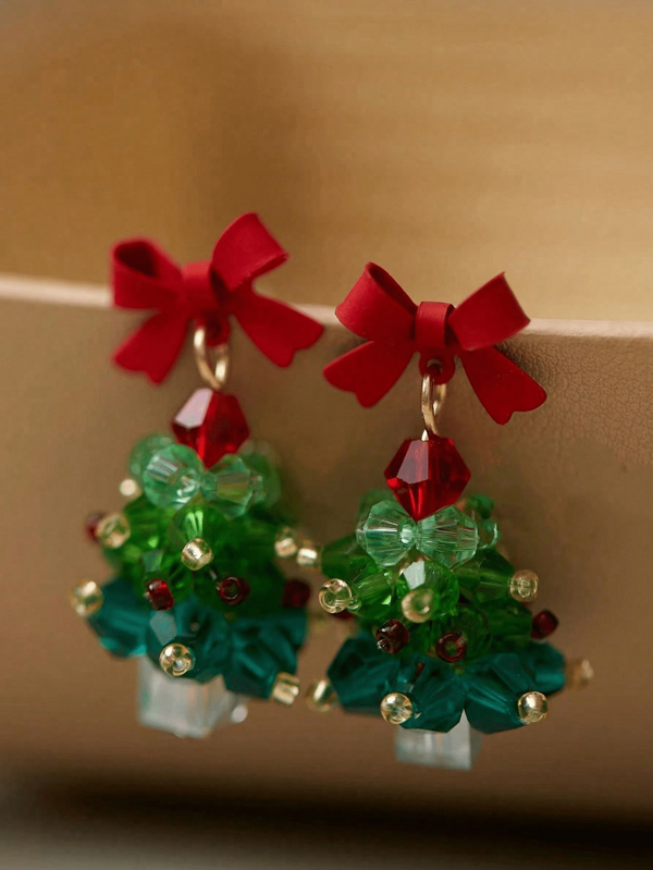 1 Pair Cute Sweet Red Bow Christmas Tree Shape Earrings Suitable For Women Any Occasion