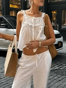 Women Lace Patchwork Tank Tops Y2K Ruffle Hem Straps Button Front Loose Fit Vest Shirt Sleeveless Square Neck Flowy Peplum Tops Summer Basic Casual Going Out Tops Vintage Aesthetic Clothes Beach Vacation Streetwear - 白色 - 查看 4