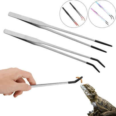 2PCS Stainless Steel Reptile Feeding Tongs With Rubber Tip,Straight & Curved Long Tweezers For Aquarium Or Craft, Bearded Dragon Tank Snakes Enclosure Accessories, Terrarium Supplies