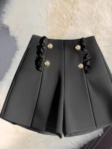 Quần short thường ngày nút kim loại trơn cho nữ - màu đen - Xem 2