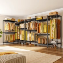 EnHomee Commercial Heavy Duty 5-Rod Rolling 900LB Capacity Garment Clothing Rack 74.8"W 76.8"H Metal Material Portable & Sturdy Storage, Black - 黑色 - 查看 1