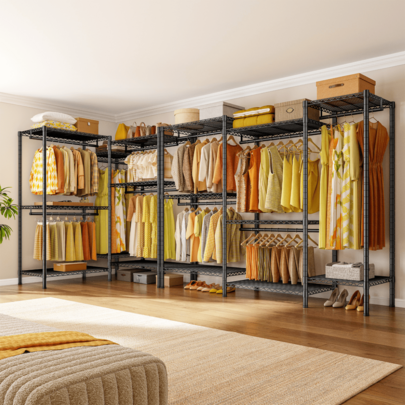 EnHomee Heavy‑Duty 5‑Hanging‑Bar Steel Tube Clothes Rack – 905LBS, 3‑Tier Storage, 1 Fixed Long + 4 Height‑Adjustable Short Rods – Rust‑Resistant, Easy‑Clean, Straight Or Corner Configuration – Ideal For Home, Retail, Or Tight Corners, Black