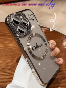 1个可定制姓名字母的透明电镀磁吸充电TPU手机壳，兼容15ProMax/16promax/16pro/14promax/14pro/13promax/16 16e/ 14 Pro Max、17promax、17pro、17、17air，支持无线充电，色彩缤纷，时尚可爱，可定制，2025万圣节配件，手机及配件 - 銀色 - 查看 1