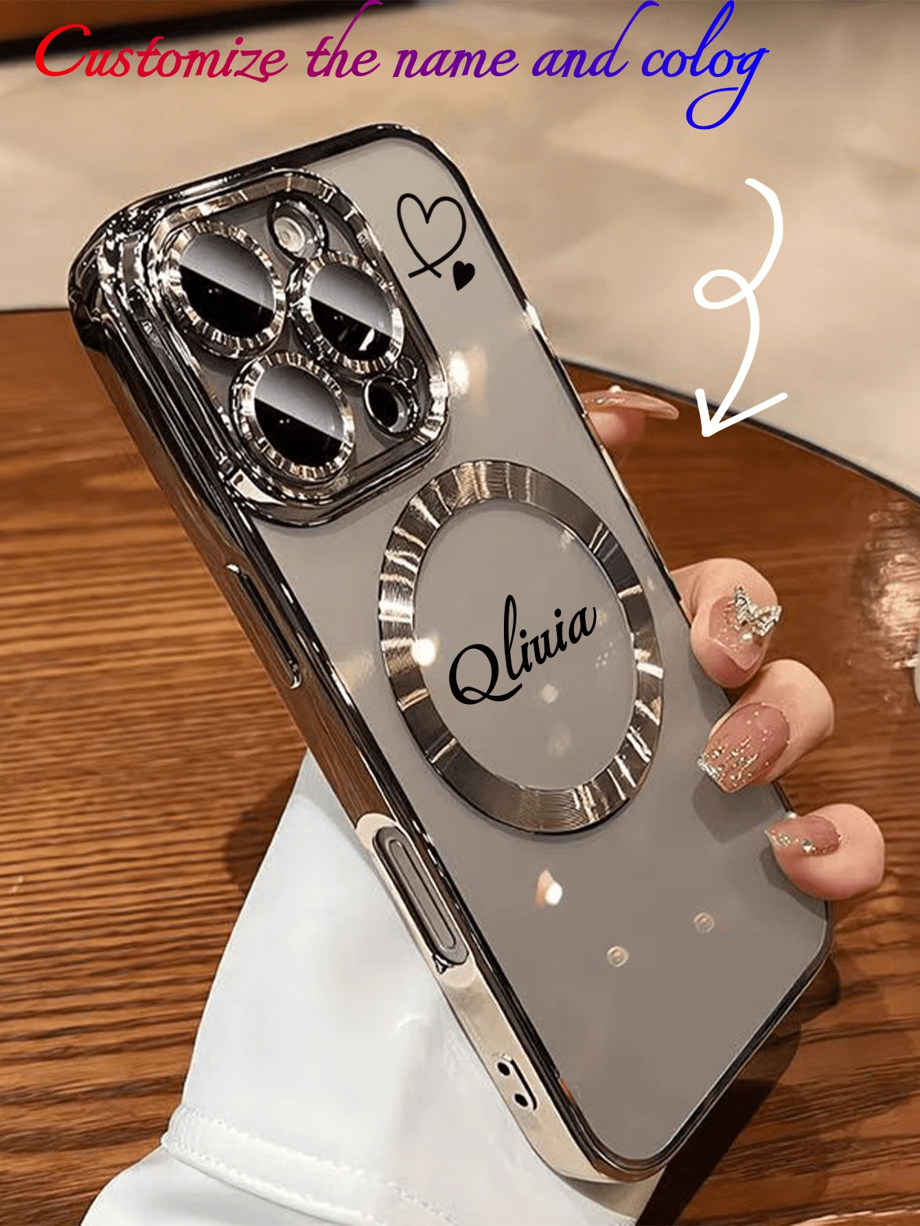 1个可定制姓名字母的透明电镀磁吸充电TPU手机壳，兼容15ProMax/16promax/16pro/14promax/14pro/13promax/16 16e/ 14 Pro Max、17promax、17pro、17、17air，支持无线充电，色彩缤纷，时尚可爱，可定制，2025万圣节配件，手机及配件 - 銀色 - 查看 1