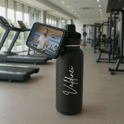 Garrafa Térmica Premium Aço Inox com Imã e Suporte Magnético para Celular 1L ,Personalizada ,Ideal para Academia, Escritório, Caminhada , Presente.