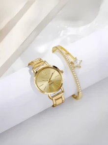 2pcs/Set, 1pc Women's Bracelet Made Of Alloy Stars And 1pc Quartz Watch, Suitable As A Beautiful Gift For Valentine's Day, Christmas, Graduation, And Couples.
