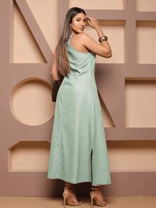 Controverso Elegant Linen Long Dress Spaghetti Straps With Slit Party Casual Chic - màu xanh lá - Xem 3