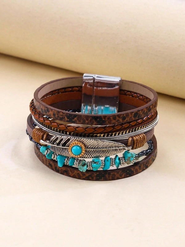 Pulsera de cuero tejido con plumas, pulsera vintage bohemia con cuentas de turquesa y cierre magnético