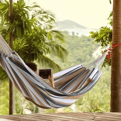 1set Hiking & Camping Canvas Single Person Hammock, Outdoor Camping And Indoor Leisure Swing, Striped Hammock