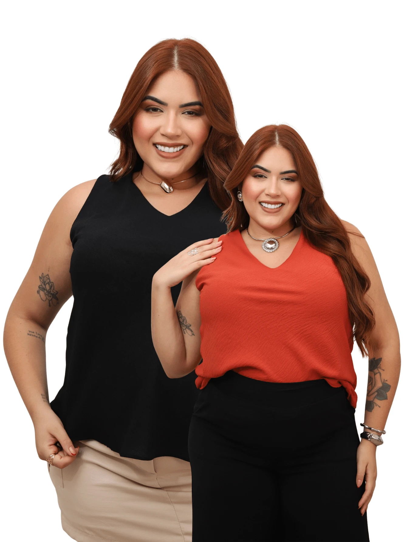 Kit Of 2 Women's Basic Social Tank Tops With Thick Straps, V-Neck, Lined In Duna Fabric - 赤陶和黑色 - 查看 1