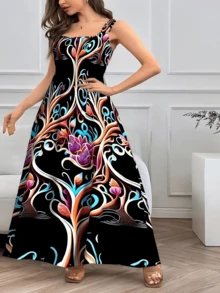 Plus Size - Women'S Plus Size Spring/Summer Floral Print Suspender Dress - Elegant And Comfortable Sleeveless Mid-Long Dress - màu đen - Xem 3