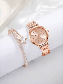 2pcs/Set, 1pc Women's Bracelet Made Of Alloy Stars And 1pc Quartz Watch, Suitable As A Beautiful Gift For Valentine's Day, Christmas, Graduation, And Couples.