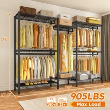 EnHomee Commercial Heavy Duty 5-Rod Rolling 900LB Capacity Garment Clothing Rack 74.8"W 76.8"H Metal Material Portable & Sturdy Storage, Black - 黑色 - 查看 5