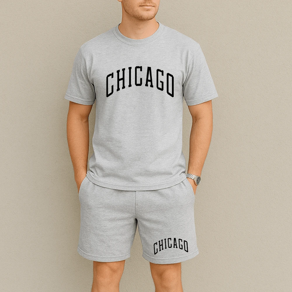 Kit Camiseta Algodão e Bermuda Moletinho Estampada Chicago Conjunto Short Masculino Camiseta Manga Curta Tecido Premium - Cinza/Cinza - Visão 1