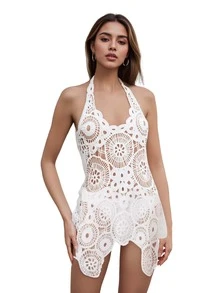 Women's Knitted Camisole Cover Sleeveless Backless Transparent Floral Lace Short Skirt Summer Bikini Cover - trắng - Xem 2