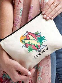 1 件定制女士零钱包、化妆包、珠宝收纳包、小袋、手拿包、多功能、格子、可爱、刻字、短语、姓名印刷、轻便、礼物、独特、DIY、教师节、万圣节 - 米色 - 查看 3