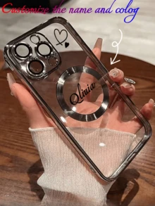 1个可定制姓名字母的透明电镀磁吸充电TPU手机壳，兼容15ProMax/16promax/16pro/14promax/14pro/13promax/16 16e/ 14 Pro Max、17promax、17pro、17、17air，支持无线充电，色彩缤纷，时尚可爱，可定制，2025万圣节配件，手机及配件 - 銀色 - 查看 3