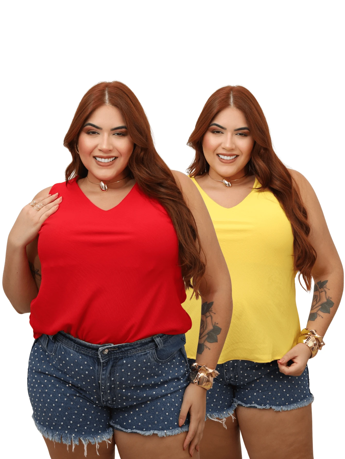 Kit Of 2 Women's Basic Social Tank Tops With Thick Straps, V-Neck, Lined In Duna Fabric - Red and Yellow - View 1