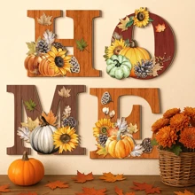 4 件秋季家居字母木制复古壁挂装饰，适合秋季感恩节农舍装饰，客厅厨房卧室壁挂装饰标志