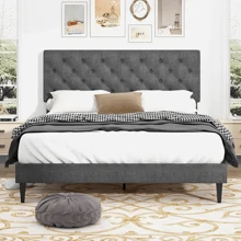 HOMBCK Estructura de cama tapizada con cabecero, estructura de cama de tela de lino con cabecero capitoné, sin somier, fácil montaje, tamaño individual/matrimonial/queen/king, beige/rosa/gris oscuro/gris/azul