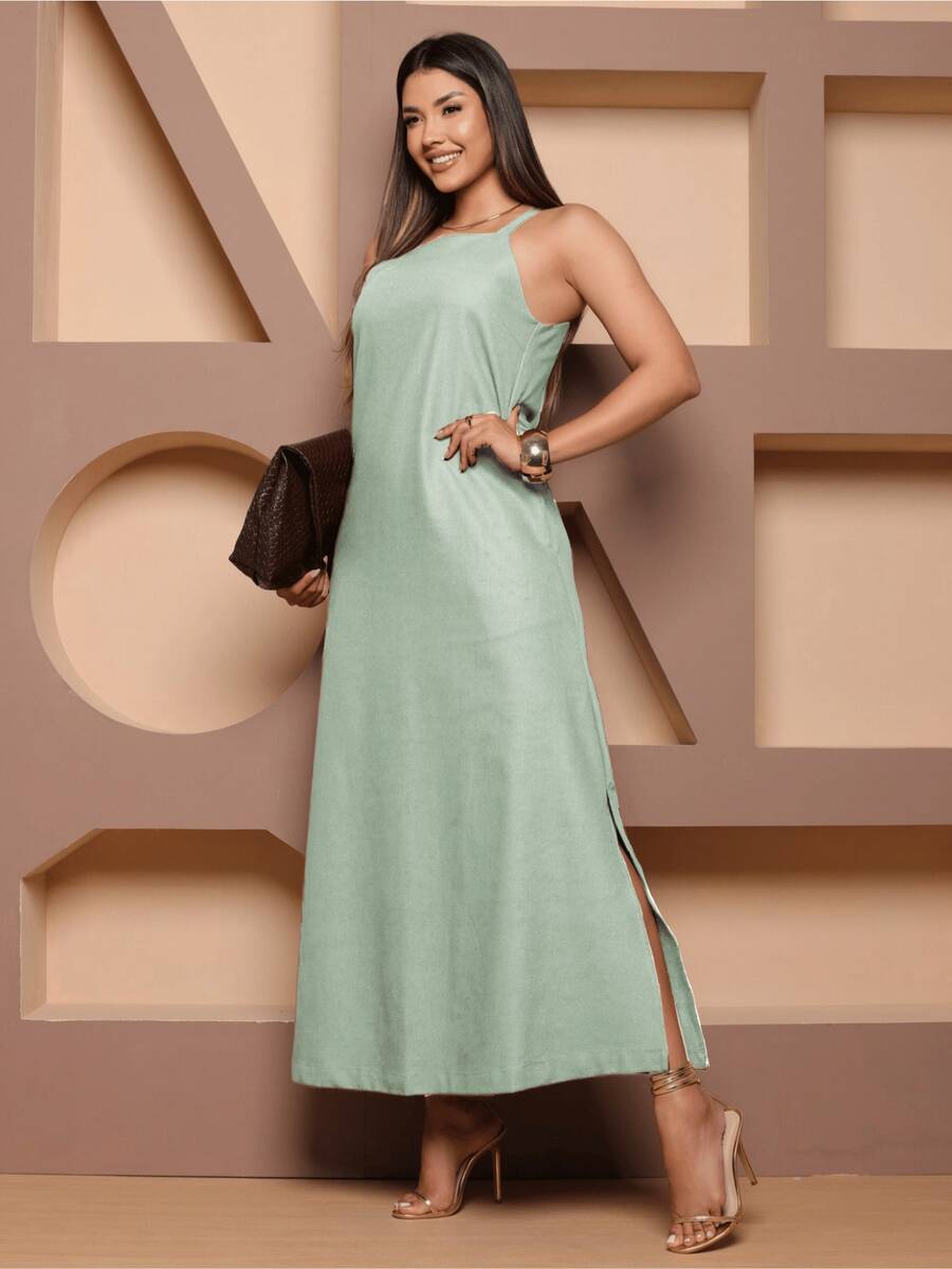 Controverso Elegant Linen Long Dress Spaghetti Straps With Slit Party Casual Chic - màu xanh lá - Xem 1