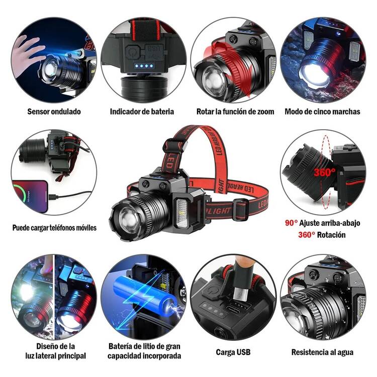 2 Pza/1 Pza Lamparas Tacticas Lámpara De Cabeza,Lampara de Cabeza de Inducción LED, Linterna Frontal Recargable y Impermeable, 5 Modos,   para exteriores, Correr - Negro - Añade 11