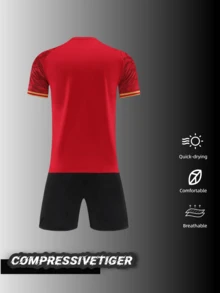 2pcs Red Football Jersey Set - Personalized Football Shirt And Shorts | Add Your Name/Number | Moisture-Wicking Sports Uniform Gift Summer - Red - View 3