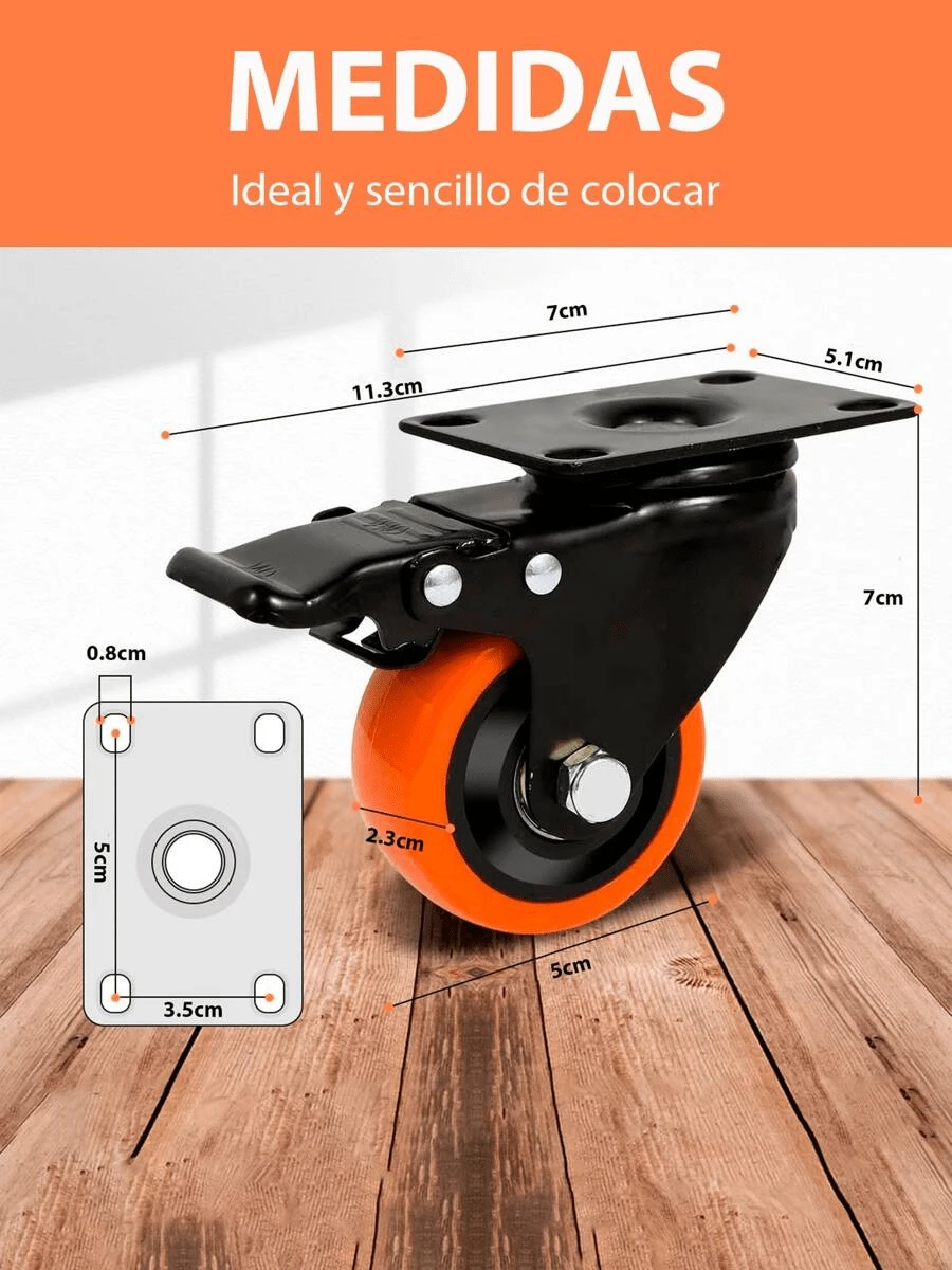 Yocharosa Kit 4 Piezas Rueda Mueble Repuesto Giratoria Freno Llanta Pvc - Naranja - Ver 1