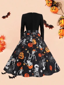 Vestido de festa elegante vintage de Halloween, estampa de caveira de abóbora, gola redonda, cintura alta, patchwork, manga comprida, com fita - Preto - Ver 2