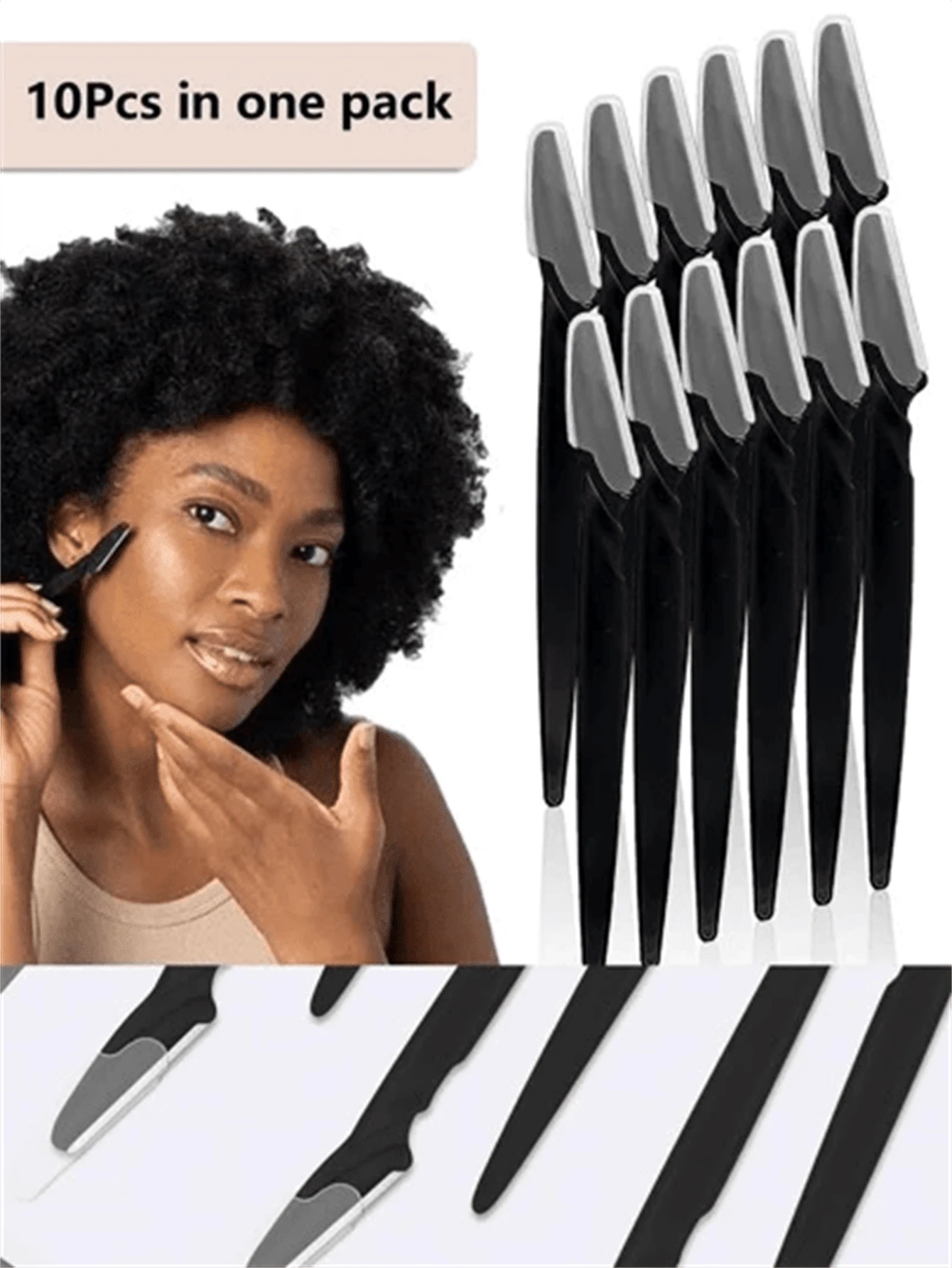 10 Pieces/Set Multi-Color Eyebrow Knife Razor Eyebrow Trimmer Body Hair Removal Device Eyebrow Knife Anti-Scratch Eyebrow Scratch Shaving Eyebrow Cutter Long Handle Hair Removal Device - Black - View 1