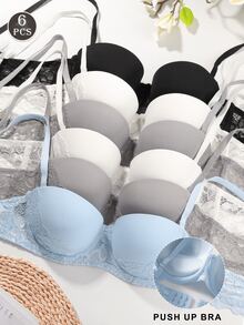 6pcs/Set Women's Lace Padded Underwire Bras - Multicolor - View 1