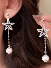 1 对全水钻星形流苏耳环，适合日常佩戴 - 銀色 - 查看 4