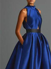 Designer Halter Neck Formal Dress With Pockets - Blue - View 1