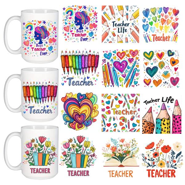 12 Peças Adesivos de Professor e Formatura, Decoração Escolar para Copos, Capas de Telefone, Arte de Lápis Fofa, Presente de 8x8cm