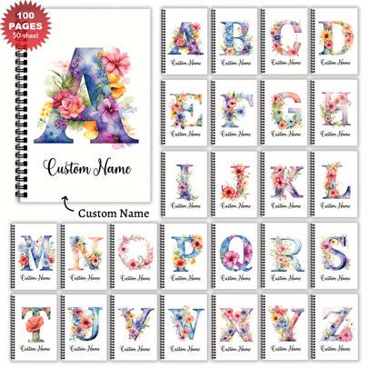 1 Pcs Customizable Spiral Notebook - White Background With 26 Alphabet Letters And Colorful Floral Designs - Artistic Style - Can Add Your Own Text For Personalization, Suitable As Travel, Business Gift, Birthday, Christmas And Other Holiday Gifts - For School And Corporate Use, Back To School Season