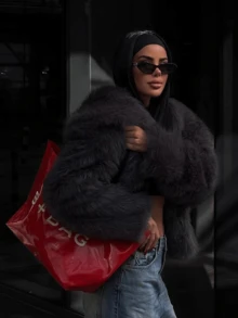 GDDYIN 女士冬季新款纯色仿皮草短款夹克，优雅优质外套，适合晚间约会 - 灰色 - 查看 2