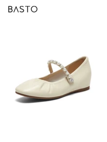 BASTO Minimalist Commuting Mary Jane Flat Round Toe Women Shoes, Fashion, Comfortable, Solid Color, Spring/Summer - Beige - View 2
