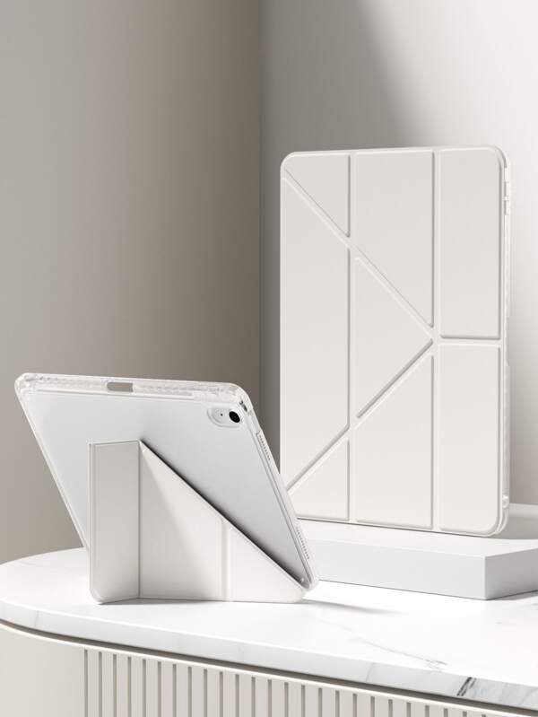 A Transparent Acrylic Y-Fold Tablet Case With A White Y-Fold Stand And An Internal Pen Slot. It Is A Simple/Casual/Classic/Business IPad Folding Tablet Case With A Pen Slot, Suitable Compatible With Ipad Mini6 Mini7 / Air1 / Air2/10.5/9.7/10.2 / / Air4 / Air5/10 Th / 10.9 / Pro11 Inch/Pro12.9 / / Air 11 - In. (M2) - 13-2024 / Air In. (M2) - 2024 / Pro 11-In.(M4)-2024/Pro13-In.(M4)