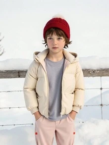 女童纯色插肩袖长袖拉链立领3D耳朵设计连帽羽绒服，适合冬季穿着 - 白色 - 查看 4